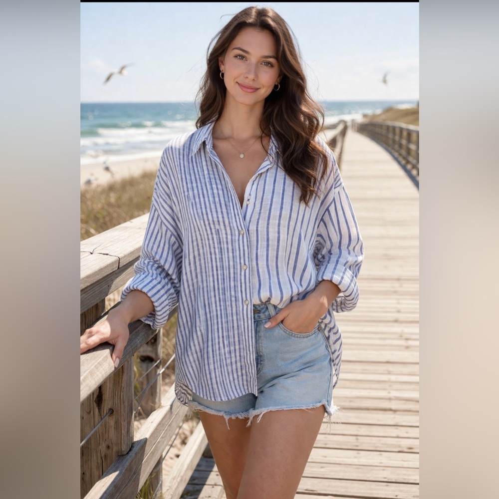 Relaxed Blue Stripe Button-Down Shirt Top two different prints and back slit